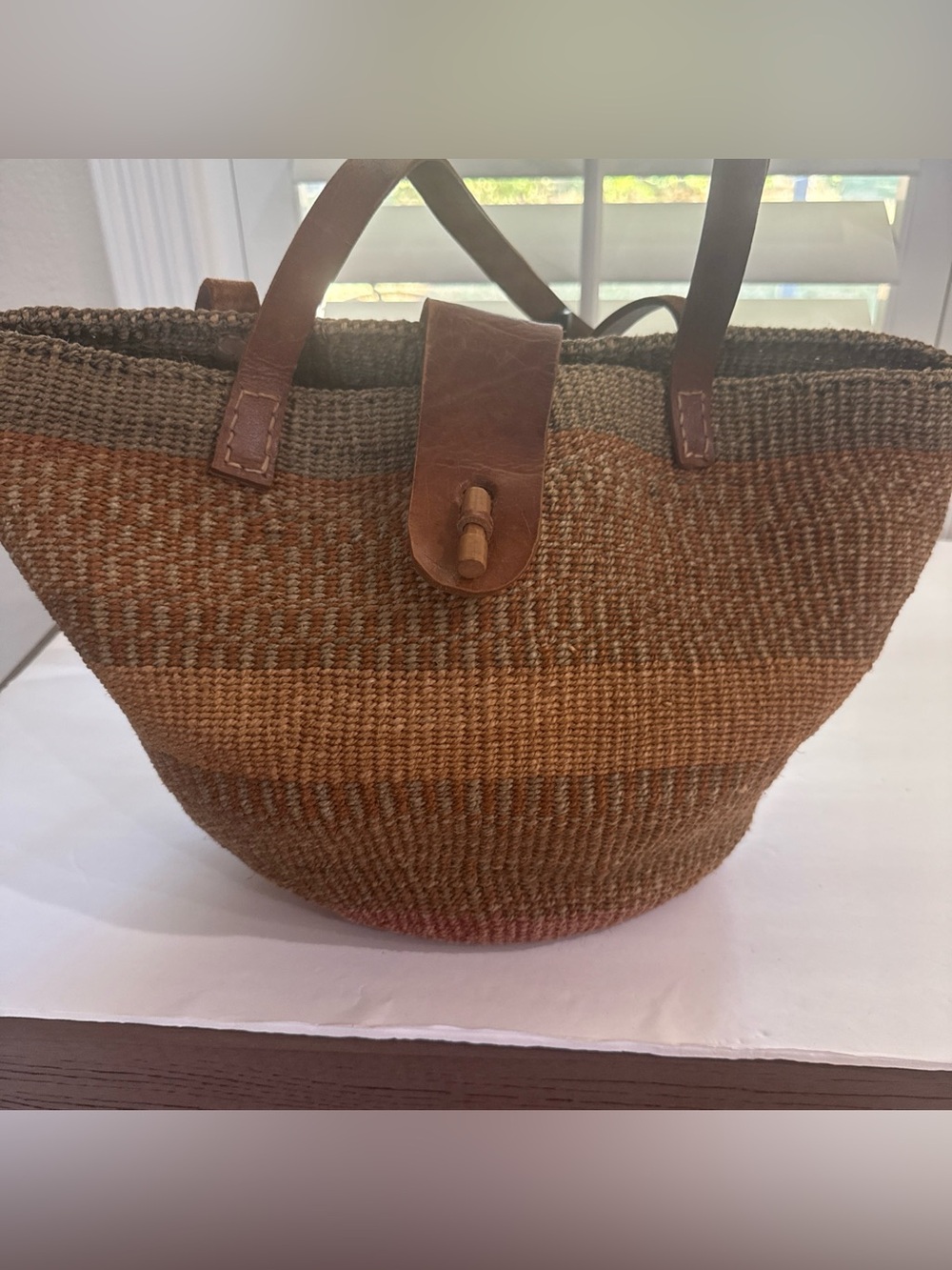Woven Sisal Market Tote Bag Leather Straps Boho Coastal Summer Basket Handbag